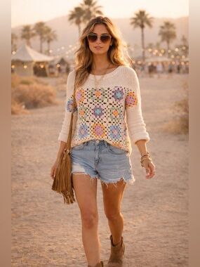 Heyson Granny Square Crochet Sweater L Boho Cottagecore Retro Knit Pullover N56
